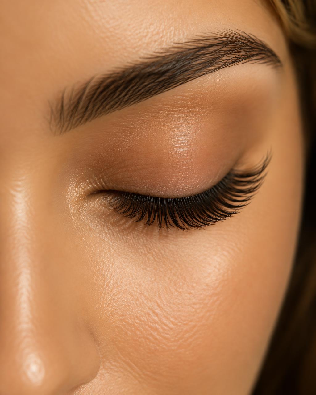 Nærbillede af naturlige eyelash extensions på sunde egne vipper i København